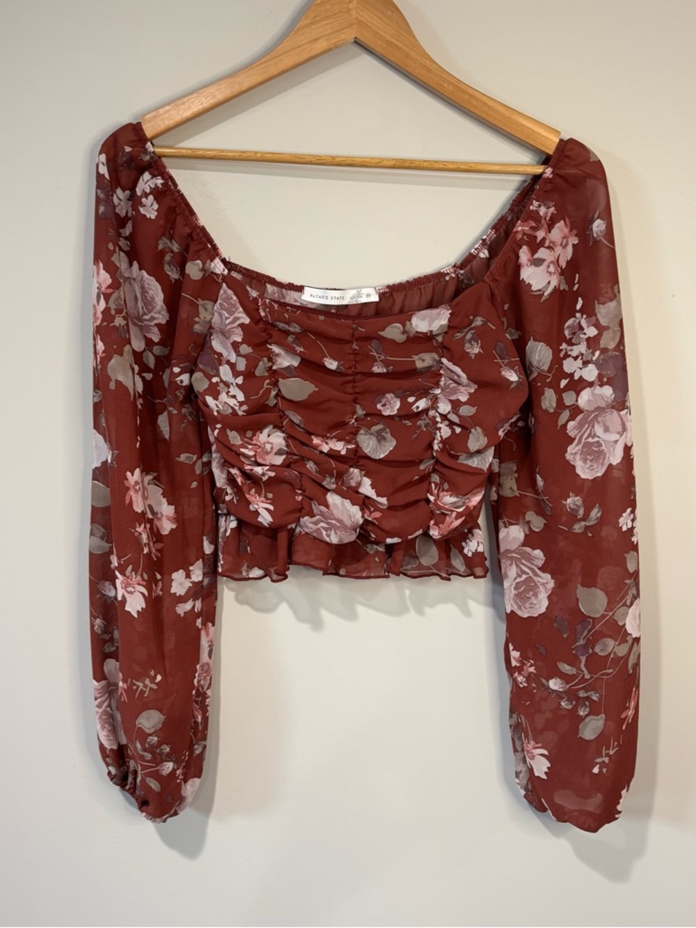 Altar'd State Ruched Floral Crop Top Sheer Long Sleeve Dark Red Cottagecore XS